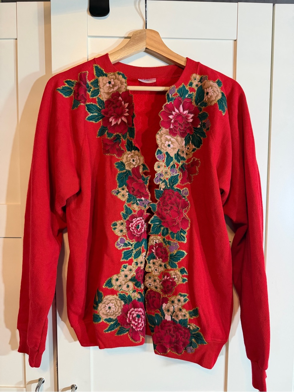 Hanes Red Cardigan Sweater with Floral Embroidery